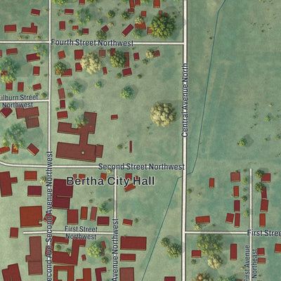 Close-up of the map of Bertha, Minnesota print showing street and building detail