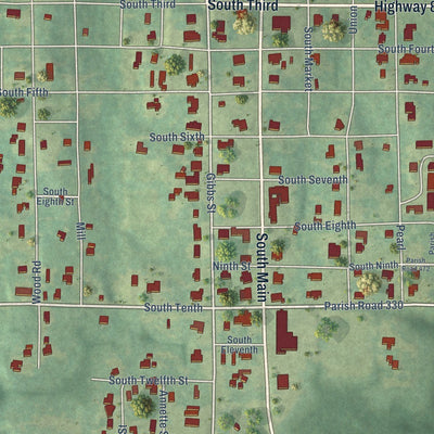 Close-up of the map of Gibsland, Louisiana print showing street and building detail