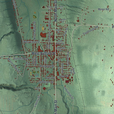 Close-up of the map of the Town of Warsaw, New York print showing street and building detail