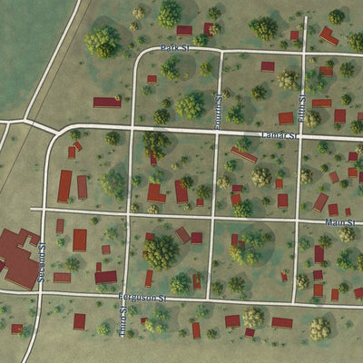 Close-up of the map of Foosland, Illinois print showing street and building detail