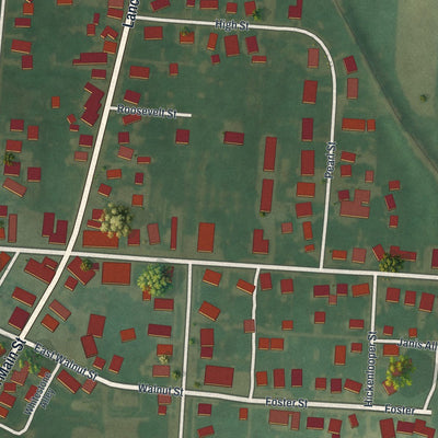 Close-up of the map of Pleasantville, Ohio print showing street and building detail