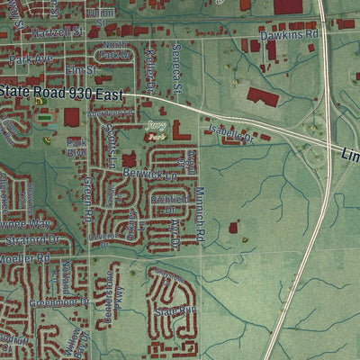 Close-up of the map of New Haven, Indiana print showing street and building detail