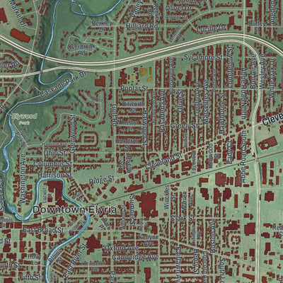 Close-up of the map of Elyria, Ohio print showing street and building detail