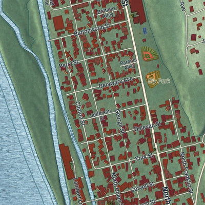Close-up of the map of Lambertville, New Jersey print showing street and building detail