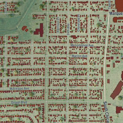 Close-up of the map of South Milwaukee, Wisconsin print showing street and building detail