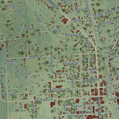 Close-up of the map of Trinity, Texas print showing street and building detail