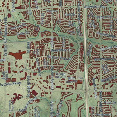 Close-up of the map of West Des Moines, Iowa print showing street and building detail