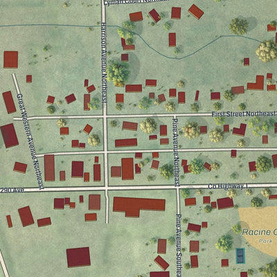 Close-up of the map of Racine, Minnesota print showing street and building detail