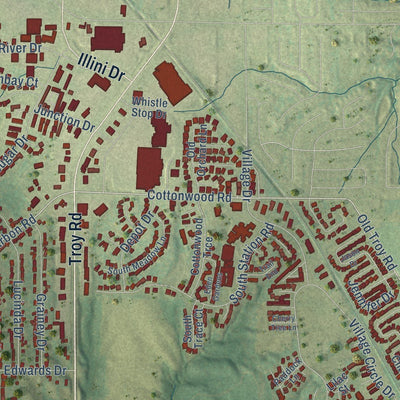 Close-up of the map of Glen Carbon, Illinois print showing street and building detail