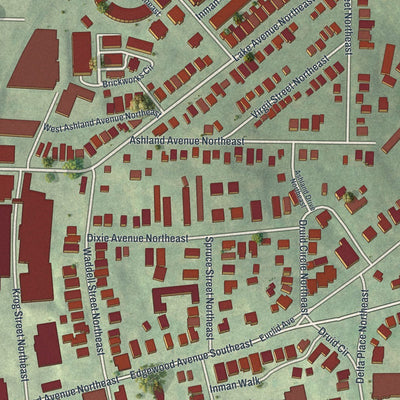 Close-up of the map of Inman Park, Georgia print showing street and building detail