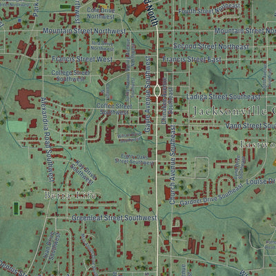Close-up of the map of Jacksonville, Alabama print showing street and building detail
