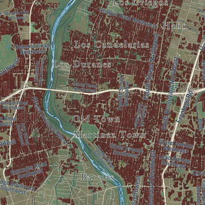 Close-up of the map of Albuquerque, New Mexico print showing street and building detail