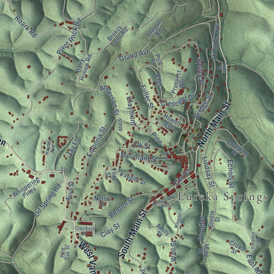 Close-up of the map of Eureka Springs, Arkansas print showing street and building detail