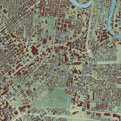 Close-up of the map of Monroe, Louisiana print showing street and building detail