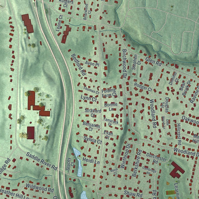 Close-up of the map of Woodcliff Lake, New Jersey print showing street and building detail