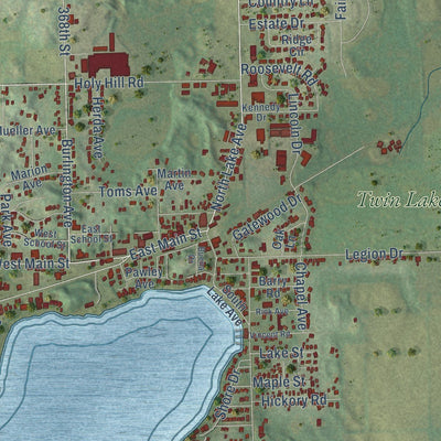 Close-up of the map of Twin Lakes, Wisconsin print showing street and building detail
