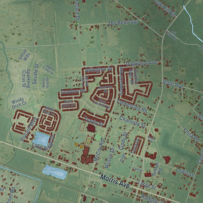 Close-up of the map of Manvel, Texas print showing street and building detail