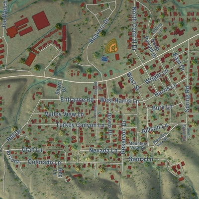 Close-up of the map of Ruidoso Downs, New Mexico print showing street and building detail
