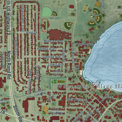 Close-up of the map of Wauconda, Illinois print showing street and building detail