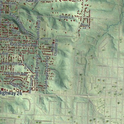 Close-up of the map of Sugar Creek, Missouri print showing street and building detail