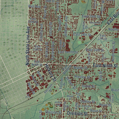 Close-up of the map of Texarkana, Arkansas print showing street and building detail