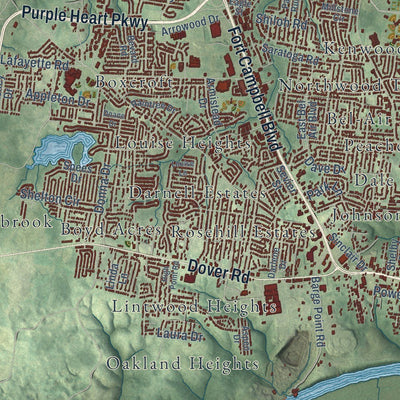 Close-up of the map of Clarksville, Tennessee print showing street and building detail