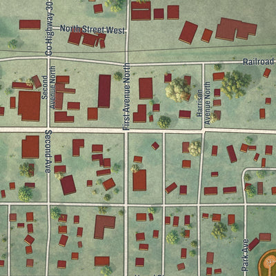 Close-up of the map of Sacred Heart, Minnesota print showing street and building detail