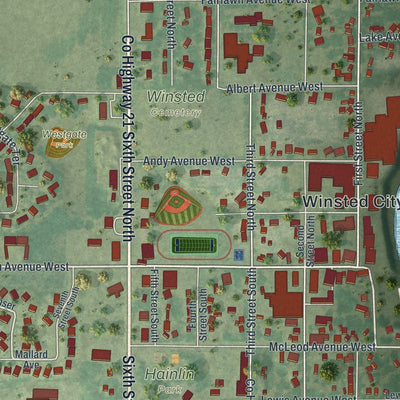 Close-up of the map of Winsted, Minnesota print showing street and building detail