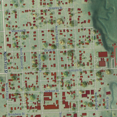 Close-up of the map of Tecumseh, Nebraska print showing street and building detail