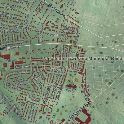 Close-up of the map of Lancaster, Lancaster County, Pennsylvania print showing street and building detail