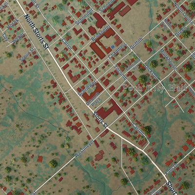 Close-up of the map of Poth, Texas print showing street and building detail