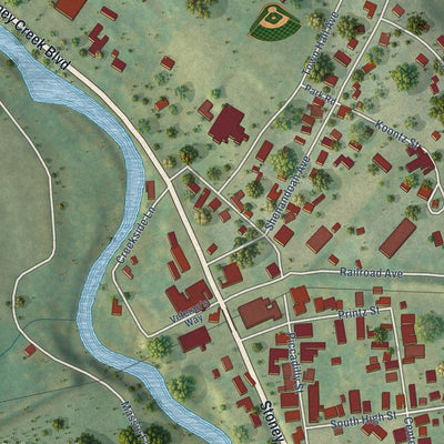 Close-up of the map of Edinburg, Virginia print showing street and building detail