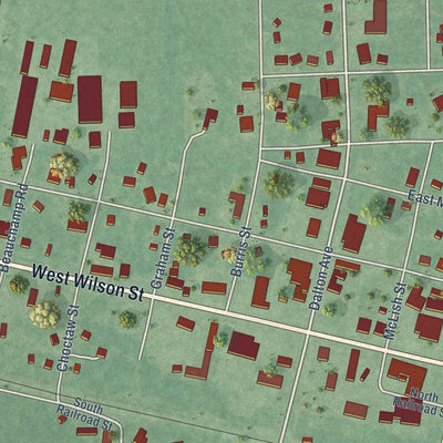 Close-up of the map of Valliant, Oklahoma print showing street and building detail