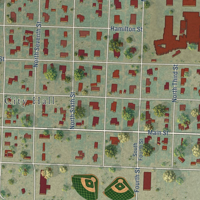 Close-up of the map of Vega, Texas print showing street and building detail