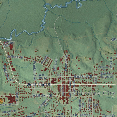Close-up of the map of Luverne, Alabama print showing street and building detail