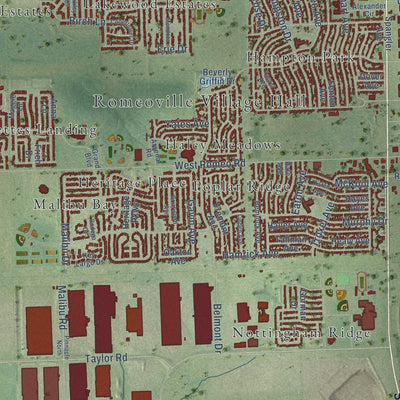 Close-up of the map of Romeoville, Illinois print showing street and building detail