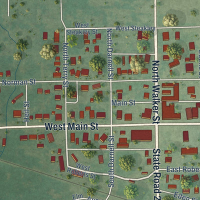 Close-up of the map of Bokchito, Oklahoma print showing street and building detail
