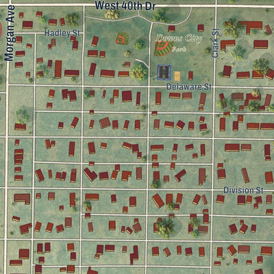Close-up of the map of Downs, Kansas print showing street and building detail