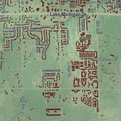 Close-up of the map of Allendale, Michigan print showing street and building detail