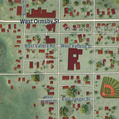 Close-up of the map of Oxford, Wisconsin print showing street and building detail