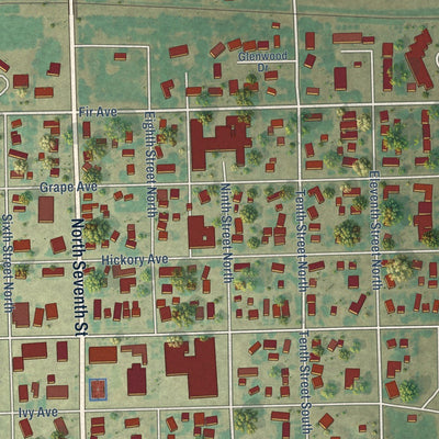 Close-up of the map of Oakes, North Dakota print showing street and building detail