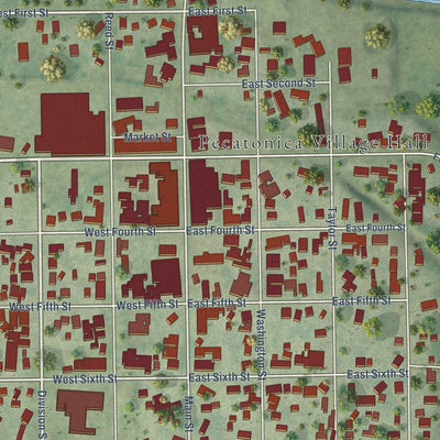 Close-up of the map of Pecatonica, Illinois print showing street and building detail