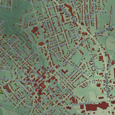 Close-up of the map of Clinton, North Carolina print showing street and building detail