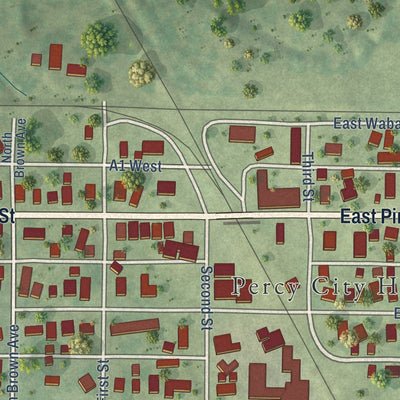 Close-up of the map of Percy, Illinois print showing street and building detail