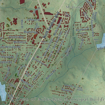 Close-up of the map of Aberdeen, North Carolina print showing street and building detail