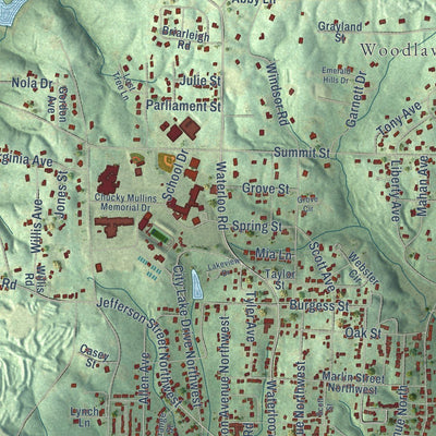Close-up of the map of Russellville, Alabama print showing street and building detail