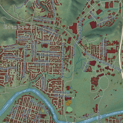 Close-up of the map of Roseburg, Oregon print showing street and building detail