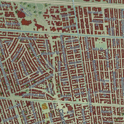 Close-up of the map of Metairie, Louisiana print showing street and building detail