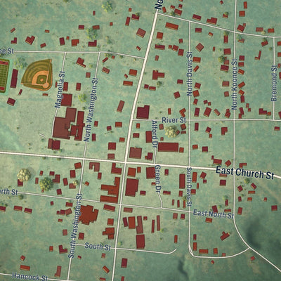 Close-up of the map of Columbia, Alabama print showing street and building detail