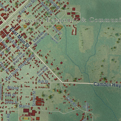 Close-up of the map of Prescott, Arkansas print showing street and building detail